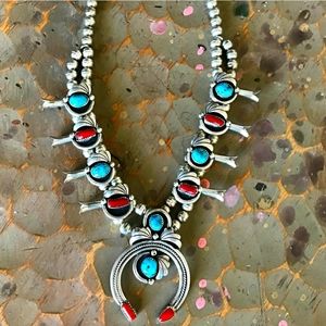 Zuni Squash Blossom - Turquoise & Coral - Signed